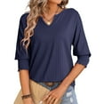thumbnail image 2 of T-Shirts d'Été Décontractés Tendance pour Femmes - Manches 3/4, Texturé Uni, Design Col en V, 2 of 7