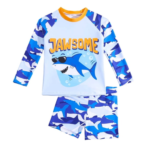 Gbsyewxs Swimsuit For Boys Crew Neck Long Sleeve Letter Shark Print Swim Shorts And Top 2 Piece Set Casual Beach Summer Toddler Swimwear Camouflage Size 6-7 Years