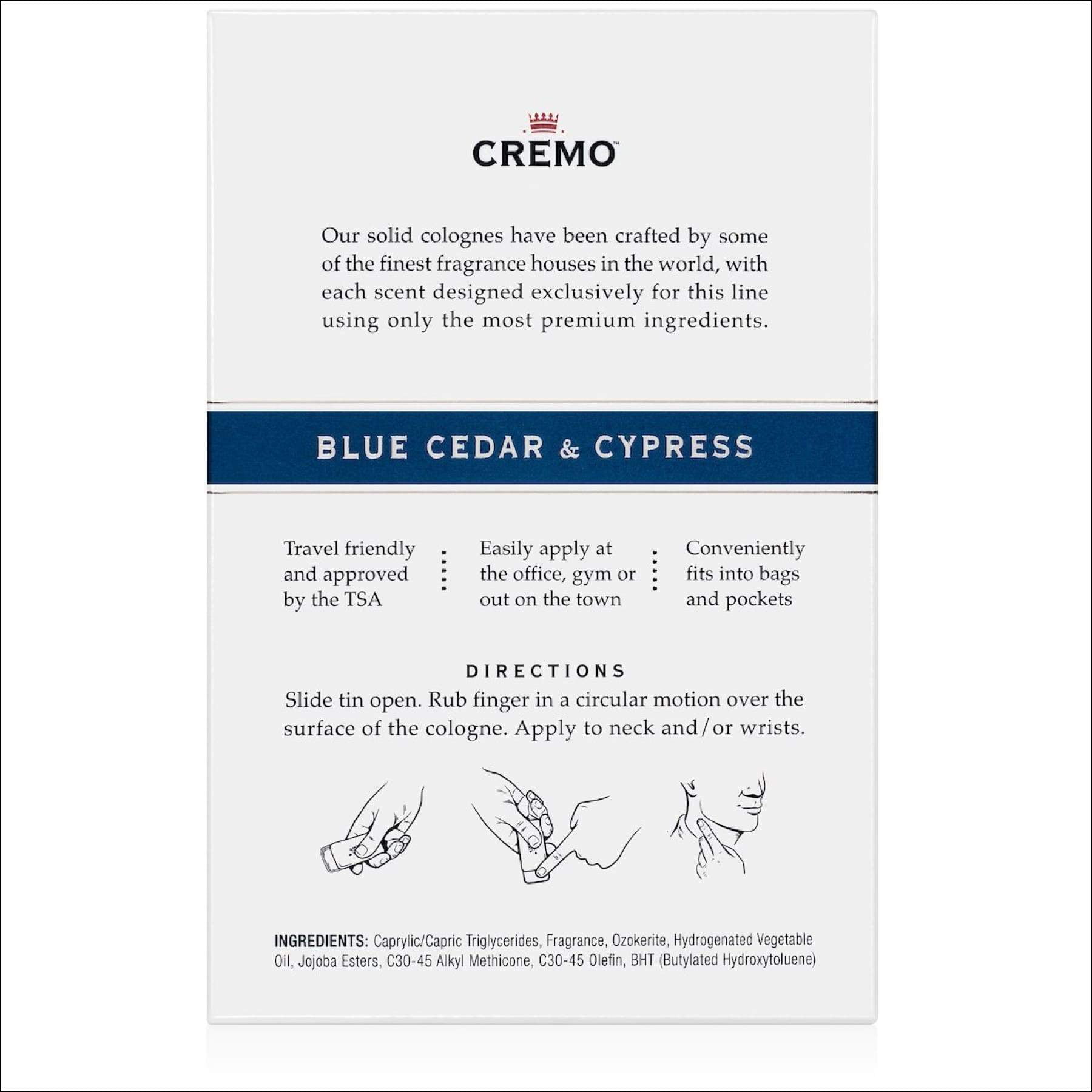 cremo blue cedar and cypress solid cologne