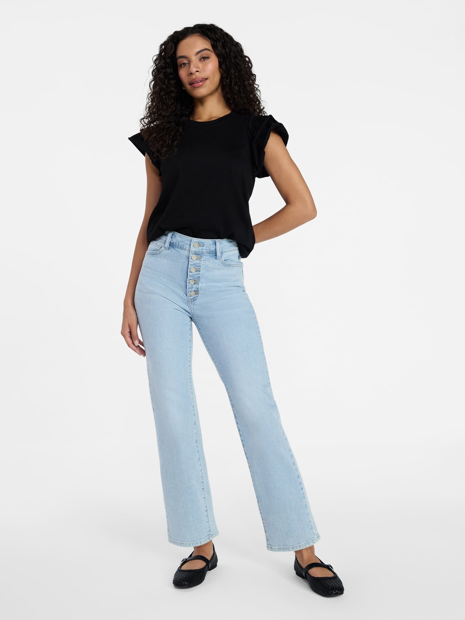 Time and Tru Women's Cotton Crewneck Tee with Ruffle Flutter Sleeves, Sizes XS-XXXL