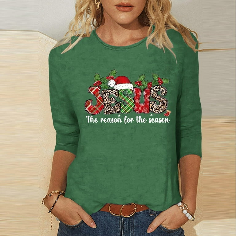 Jacenvly Christmas Shirts for Women Round Neck 3/4 Sleeve
