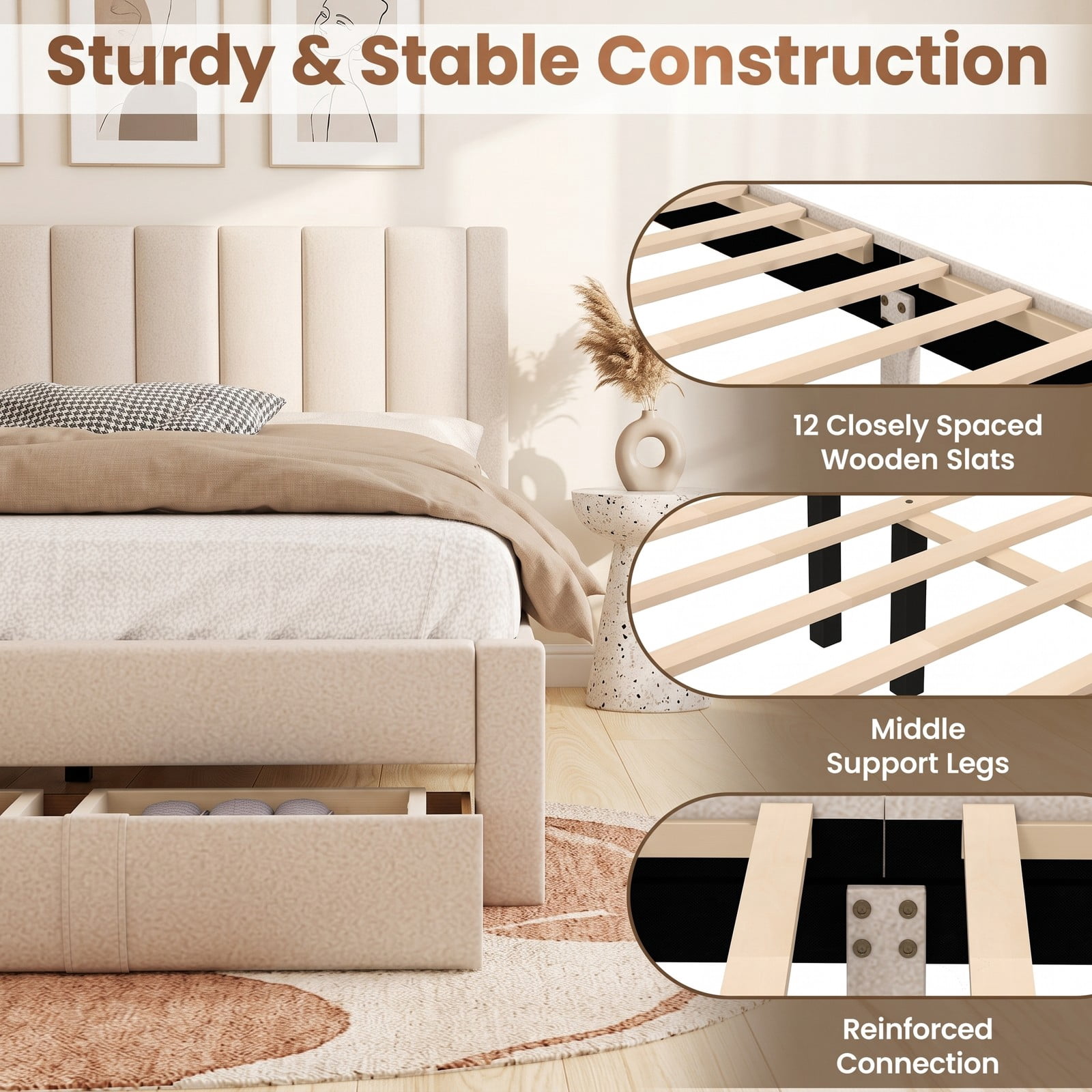 Furnibear Queen Size Bed Frame with Storage, Upholstered Platform Bed Frame with Wingback Headboard and Drawer, Queen Bed Frame No Box Spring, Beige