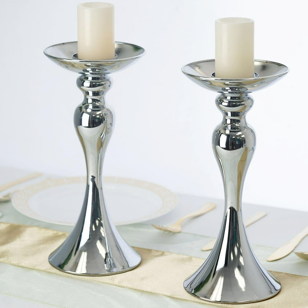 2 Pack 12" Tall Silver Floral Stand Pillar Candle Holder Set