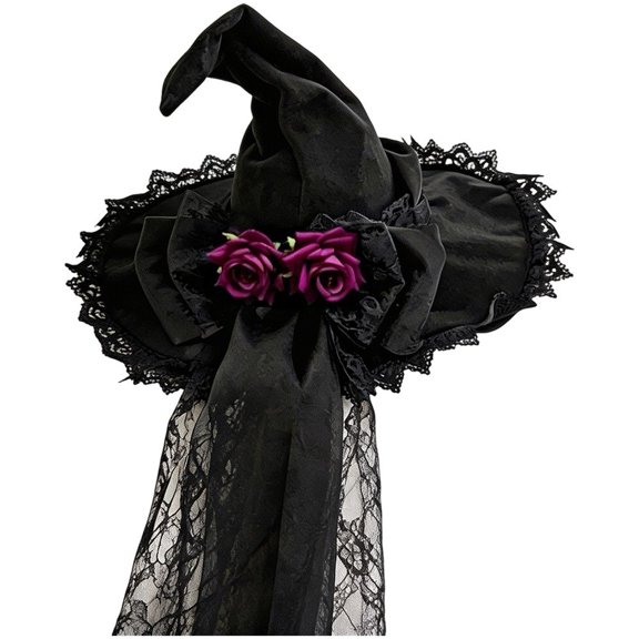 Hsqqdc Witch Hat Velvet Gothic Lace Pointed Hat for Lolita Halloween Party