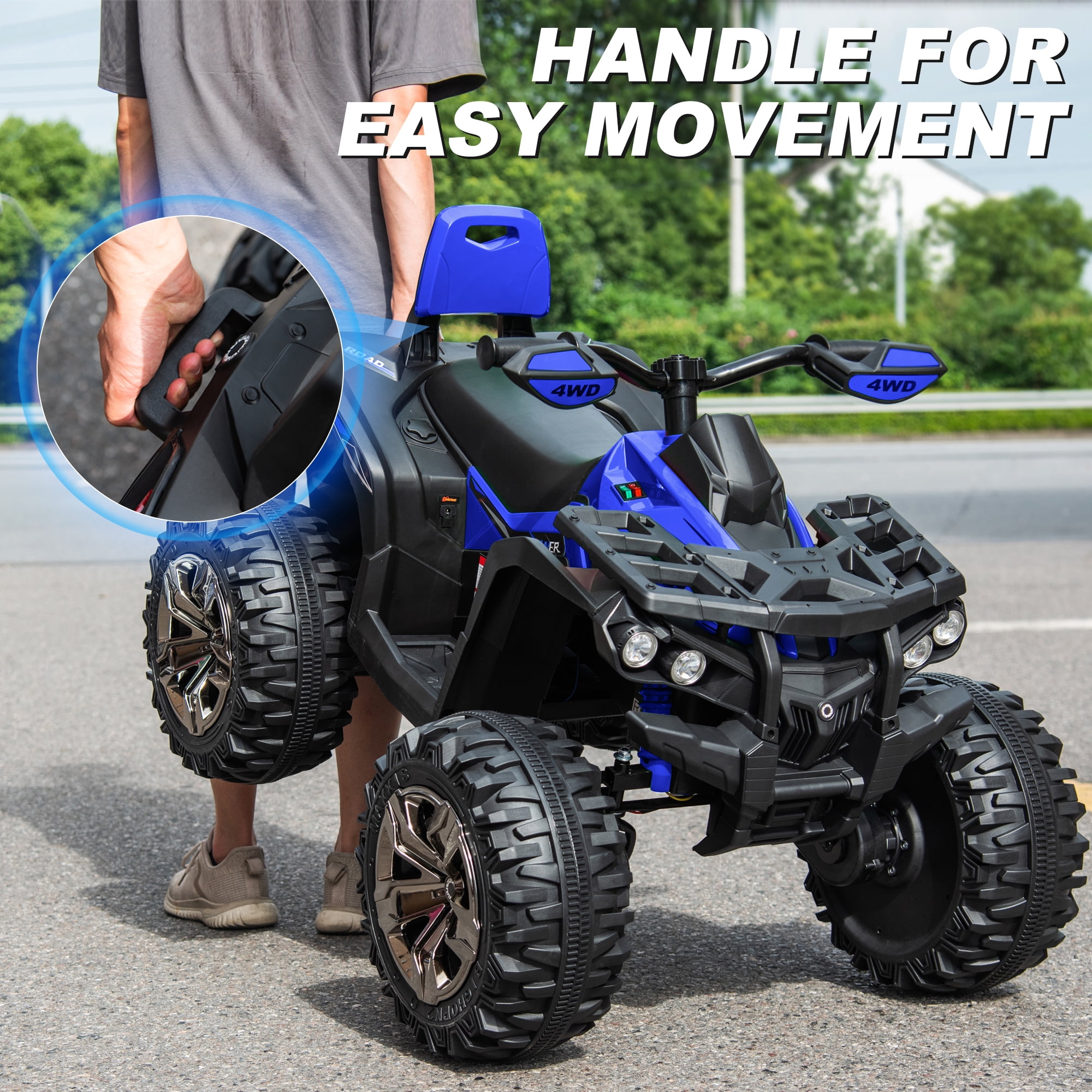 800W Dirt Quad w/ Remote Control - 24V Powered Ride on ATV, Electric Powerful 4-Wheeler for Big Kids, Up to 5.5 mph, Knee Pads, Blue