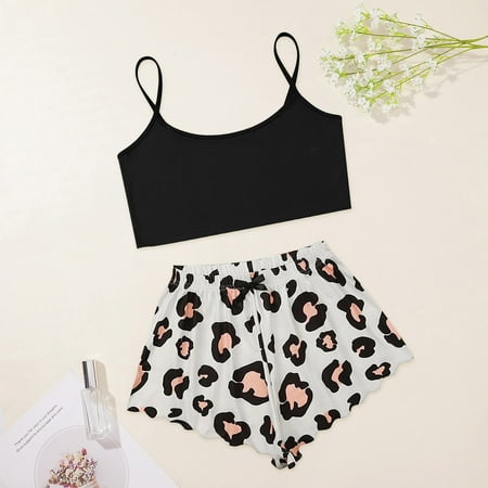 

HAXMNOU Women Leopard Printing Sleepwear Set Pajamas Sleeveless Cami Shorts Lingerie Slim Sleepwear Set Black L