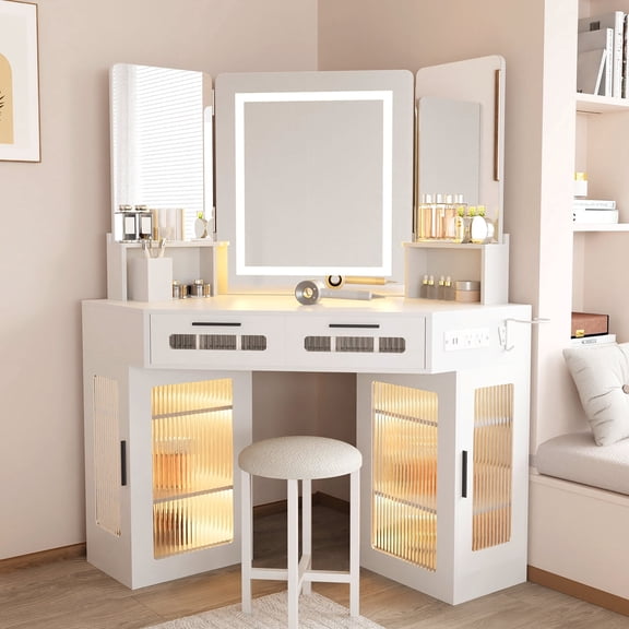 Fluted Makeup Vanity Desk with HD Triple Mirror and RGB Lights, Large Corner Vanity Glass Top Vanity with 3 Drawers & 2 Glass Cabinets, Charging Station & Hair Dryer Holder, Vanity Set with Stool
