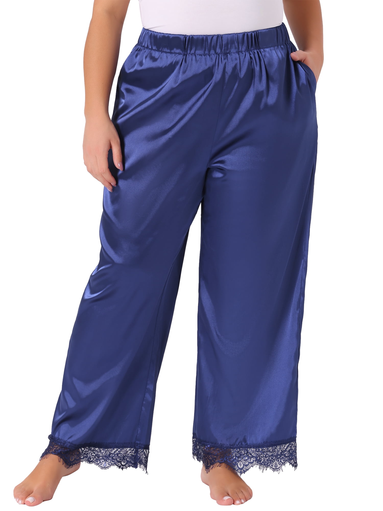 DARING DIVA Women's Plus Size Satin Lace Trim Elastic Sleepwear Pajama Pants 1X Royal Blue