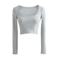 thumbnail image 2 of Michellecmm  Women Long Sleeve Deep Round Neck Solid Color Knit Crop Tops, 2 of 9