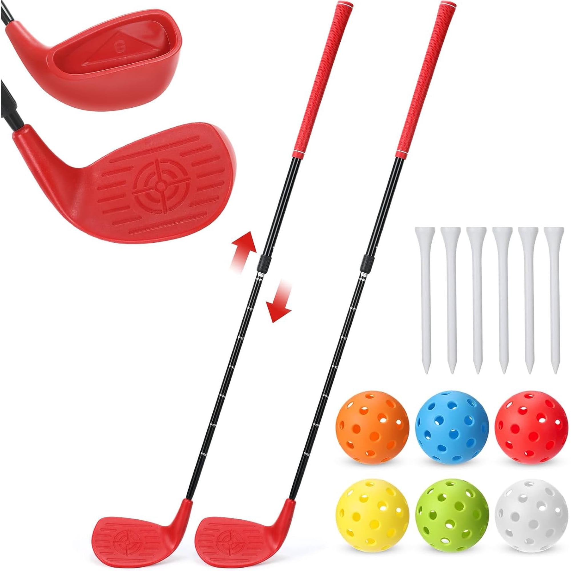 2 Pack Adjustable Plastic Golf Clubs,Red,Right Hand | Bucket with 6 Balls 6 Tees, Safe for Backyard Indoor Outdoor Practice, Fun Family Chipping Set