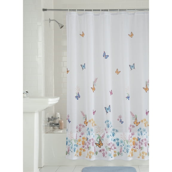 Multicolor Fabric Shower Curtain, 70" x 72", Mainstays Butterfly, Semi-sheer