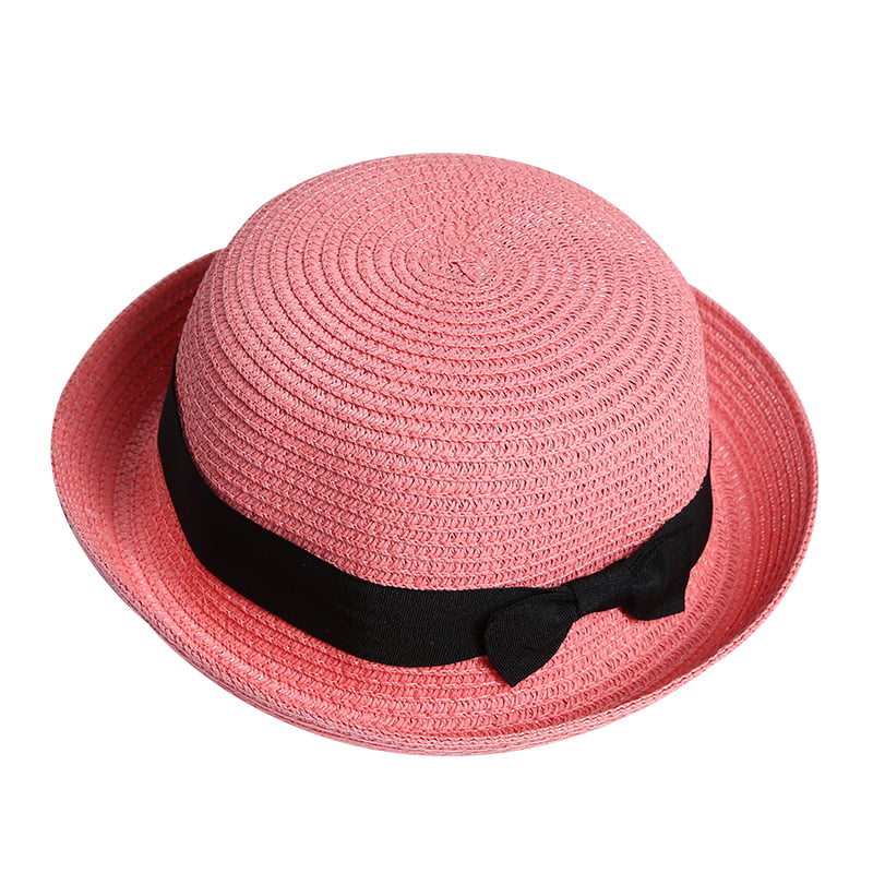 Women Pink Soft Straw Round Top Fedora Hat Ribbon Bowler 2