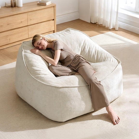 Merluxy 3.8 ft Bean Bag Chair for Adults, Oversized Couch, Chenille Cream for Classroom and Dorm