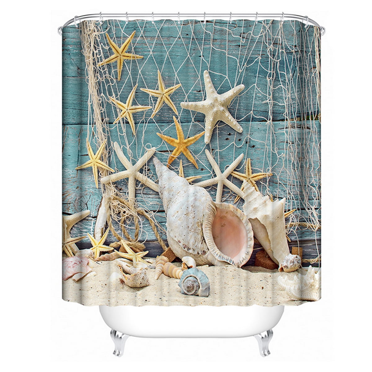 BSHAPPLUS 71"x71" Sea Shell Shower Curtain Waterproof Beach Curtain Decor Bathroom Set + 12 Hooks Rings Home Decor