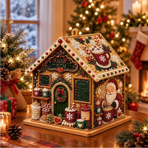 3D Christmas Wooden House Pearl Diamond Painting Kit for Adults, Christmas Village House Bead Craft, DIY Miniature House Kit with Lights, Holiday Tree Ornament