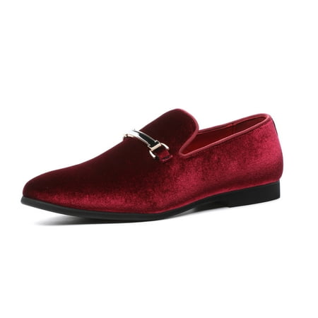 Santimon Mens Velvet Penny Loafers Slip-on Metal Buckle Casual Shoes Leather Dress Shoes Red 12 US