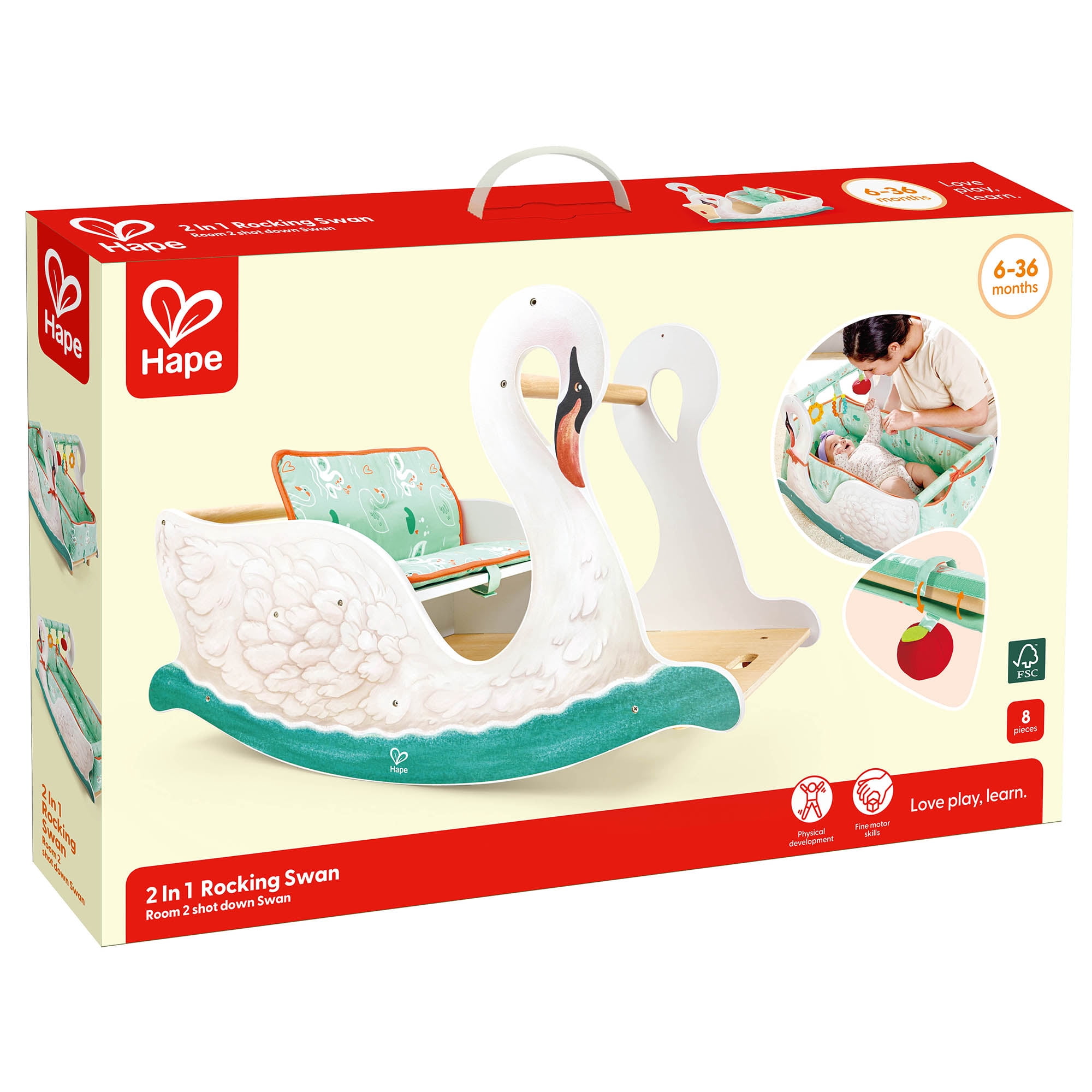 Hape: 2-in-1 Swan Seat - Baby Rocking Bassinet Cradle Converts To Toddler Rocker Chair Seat, Baby Gym, Adaptable Cushions, Babies & Toddlers Ages 6mo+