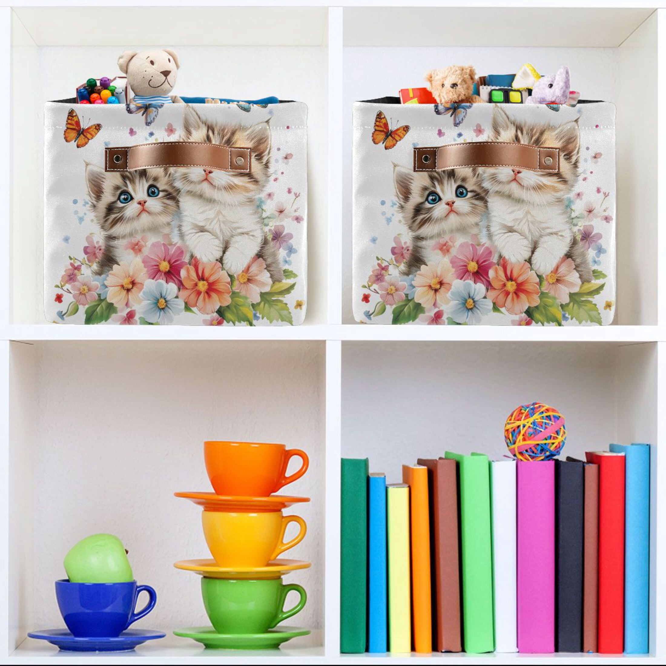 Ryvnso Cats Flower Butterfly Storage Basket Large Bin Foldable Boxes Toys Organizer 14.2x10.2x8.3in 2 PCs