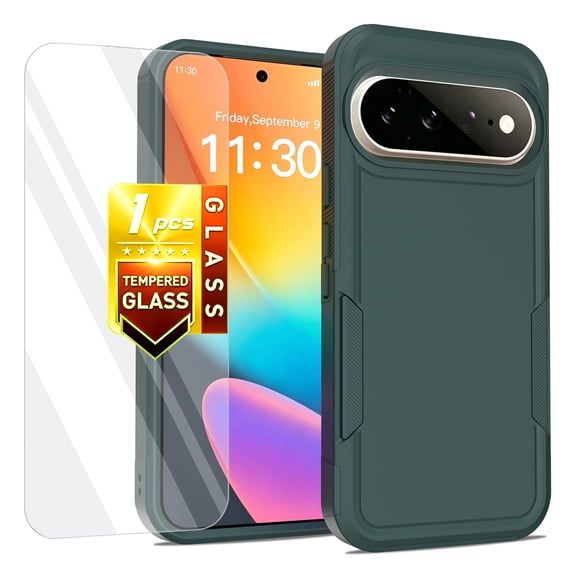 Kryonix for Google Pixel 11 Pro 6.3” Phone Case,with Tempered Glass Screen Protector,Dual Layer Shockproof Heavy Duty Military Grade Protective Case Hybrid Rugged Cover,Slim & Tough,Dark Green