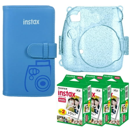 Three Essentials Kit! Fuji Pocket Wallet Album  Cobalt Blue + Trendy Cobalt Blue Glitter Hard Case for Fuji Mini-series + Fuji Instax Film Twin Pack High Quality  3