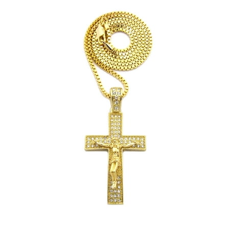 3 Stone Jewelry - Crucifix Jesus on 3 Row Stone Stud Cross Pendant with Chain Necklace - 2mm 24
