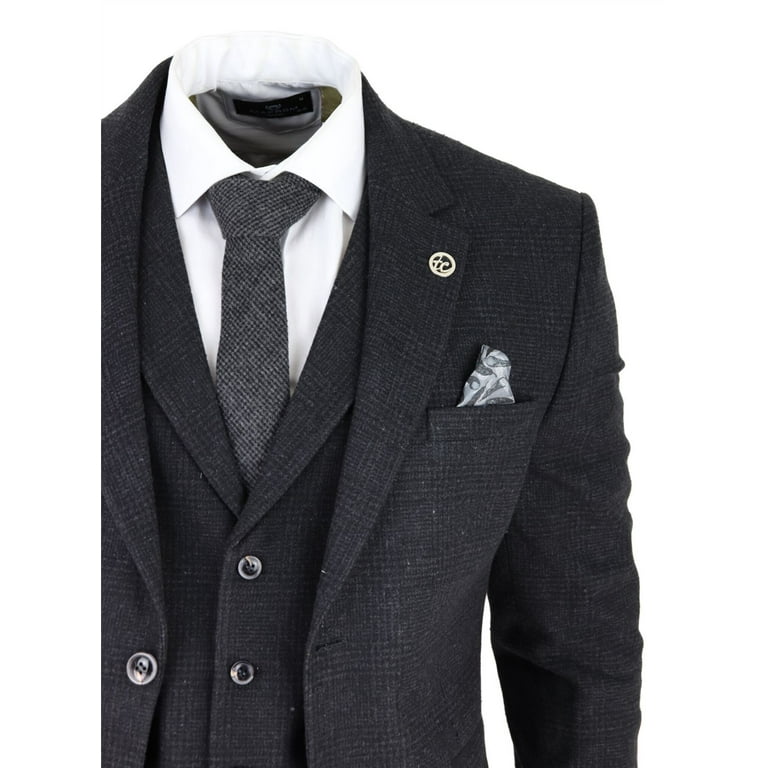 Mens Black Tweed 3 Piece Suit Check Vintage 1920s Gatsby Blinders Tailored Fit 44 Jacket 38 Trousers Black
