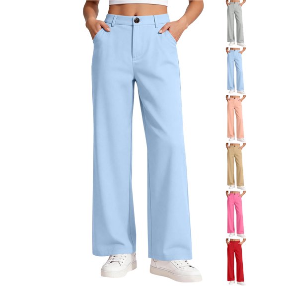 Pants Girls Dqueduo Girls' High Waist Wide Leg Dress Pants Casual Straight Leg Trousers With Button Zipper Closure And Pockets