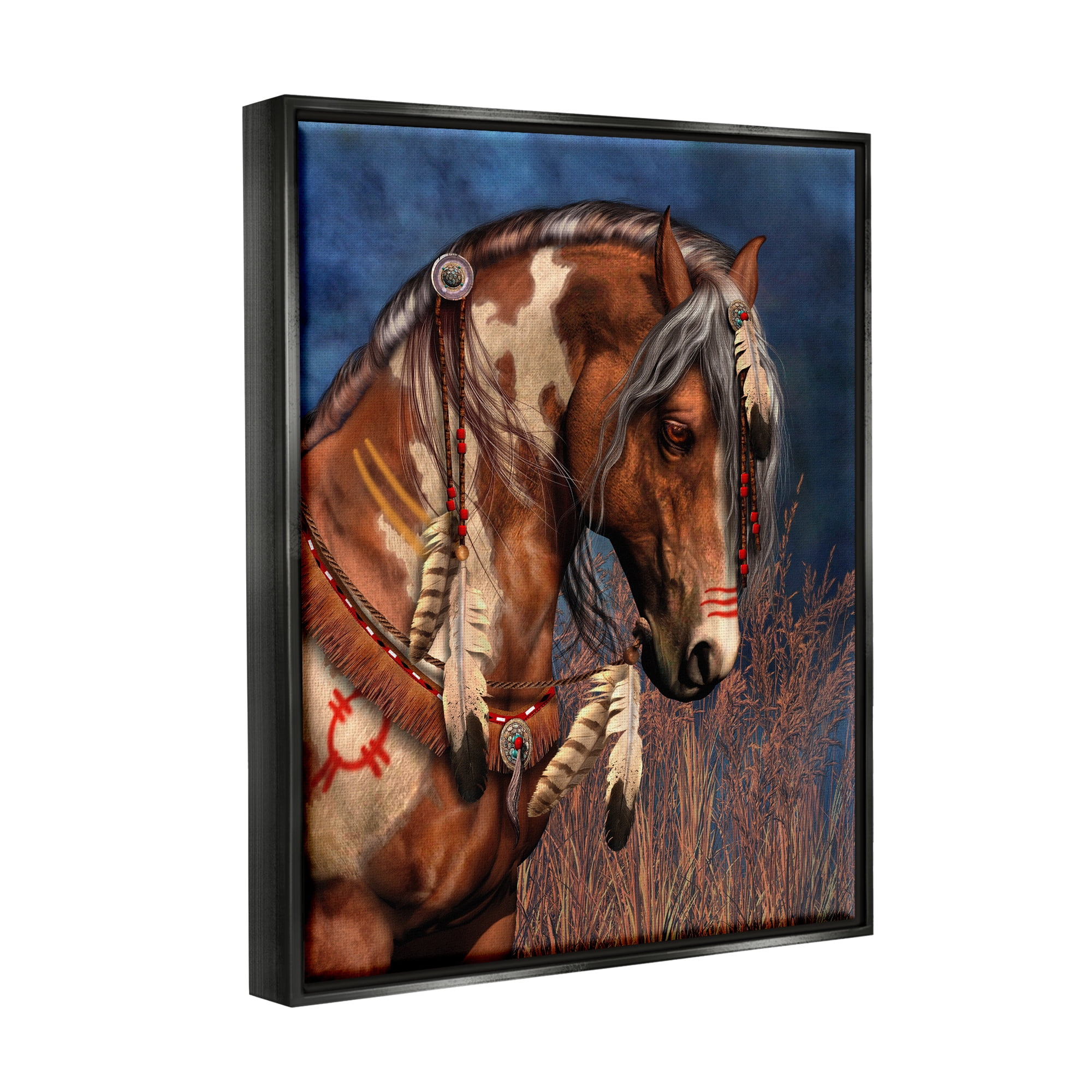 Stupell Industries War Pony Portrait Animals & Insects Painting Black Floater Framed Canvas Art Print Wall Art, 17 x 21