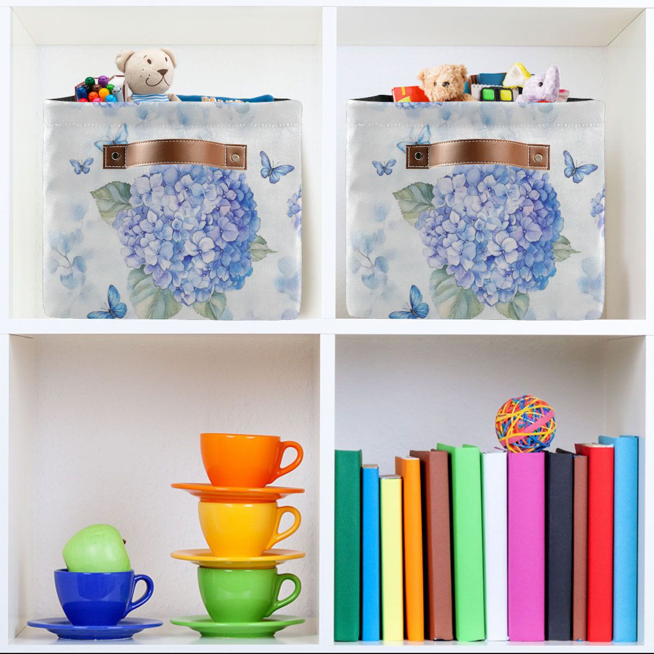 Blue Hydrangea Pattern Foldable Storage Basket,Canvas Fabric Foldable Storage Bins with Handles Open Home Storage Bins Boxes for Toy Book Shelf Closet Baskets