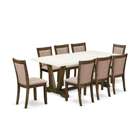 East West Furniture V727MZ716-9 9 Piece Kitchen Table Set - A Modern Kitchen Table with Trestle Base and 8 Dining Chairs - Distressed Jacobean Finish