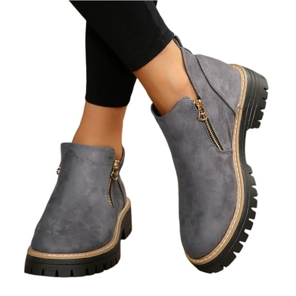 Willtoo Ankle Boots for Women Low Heel Suede Platform Heeled Short Booties Chunky Heel Side Zipper Round Toe Lug Sole Fall Boots Non Slip Outdoor Walking Shoes Gray