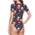 thumbnail image 3 of Uemuo Skull red flower blue Pattern Women's One Piece Short Sleeve Swimsuit Rash Guard Surfing Modest Quick-drying Swimsuit Beach Essentials-Large, 3 of 9