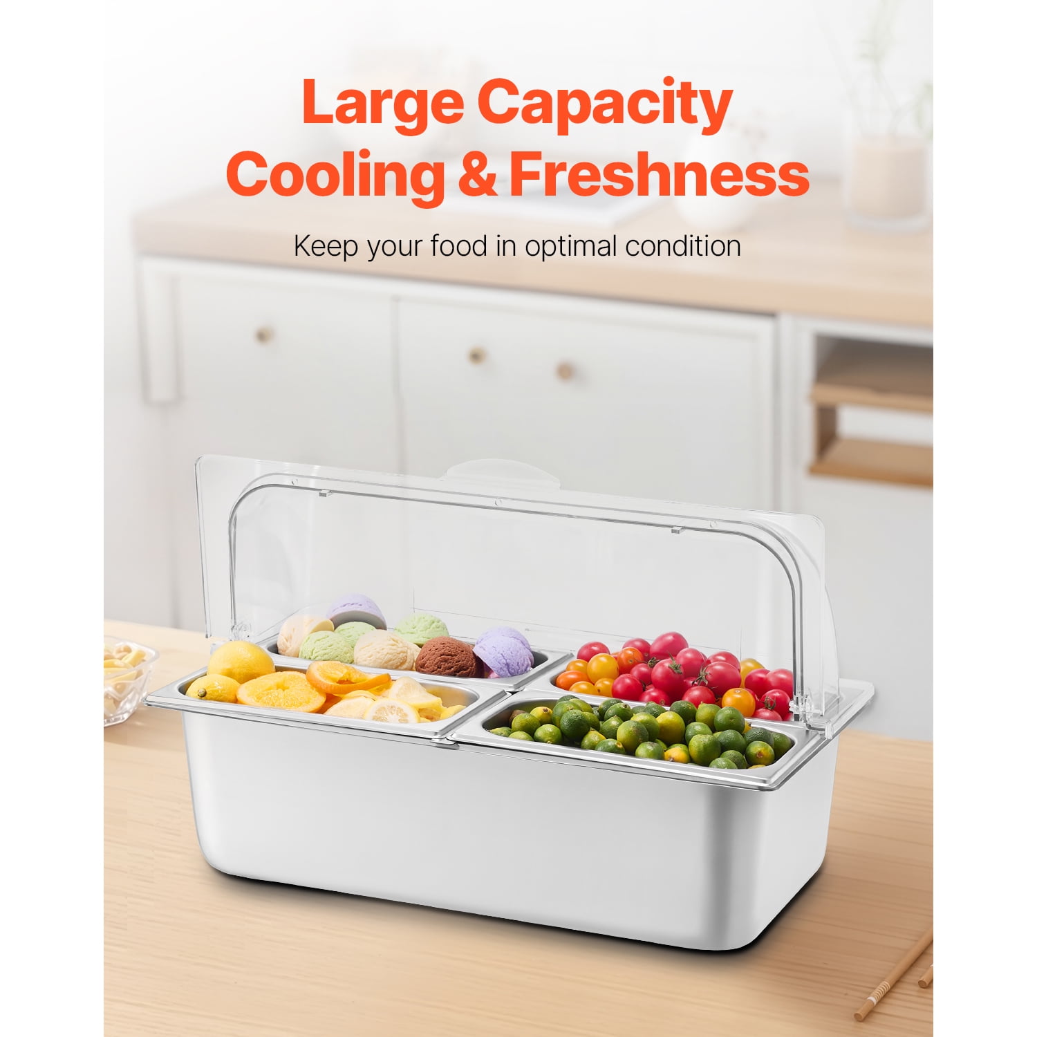 KFFKFF Tabletop Meal Presentation Storage Unit, Quad Compartment Metal Food Serving Platter, Cafeteria Garnish Distributor Stand with Transparent Cover & Trio of Cooling Bins