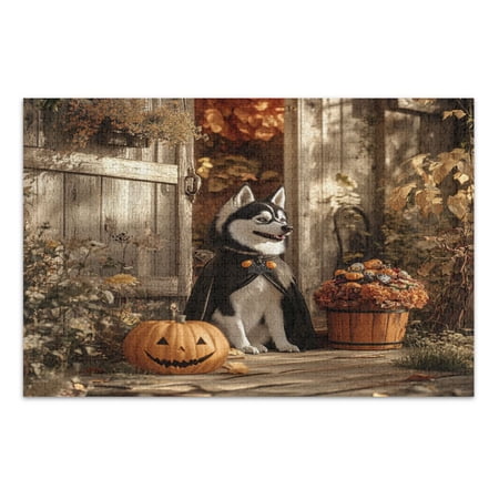WOBOGO Hallowween Husky Jigsaw Puzzle Challenge 1000 Piece Jigsaw Suitable for Game Night Finished Size 29.5 x 19.7in