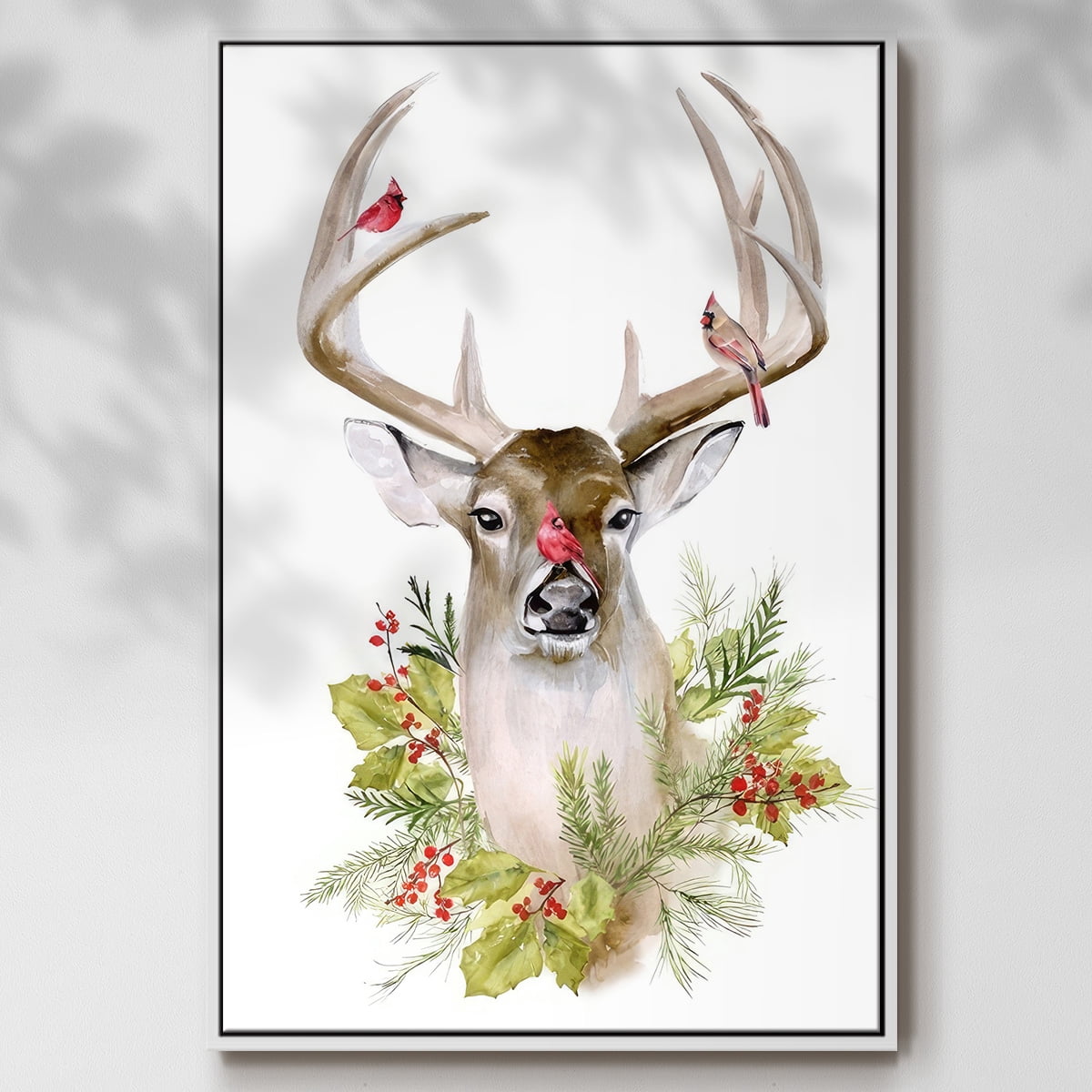 Holiday Deer Collection B - Framed Gallery Wrapped Holiday Canvas - 27 x 41 - White Frame