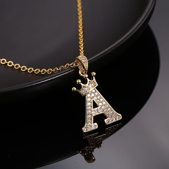 Opvise Letter Necklace Rhinestone Crown Letter Pendant Adjustable Chain Women Necklace for Gift