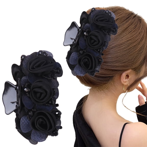 CXHEGBEJ Chic Decorative Buns Flower Hair Claw For Women Multifunctional Ponytail Clip Hairpin Grasping Clip Headwear Styling Tool Black