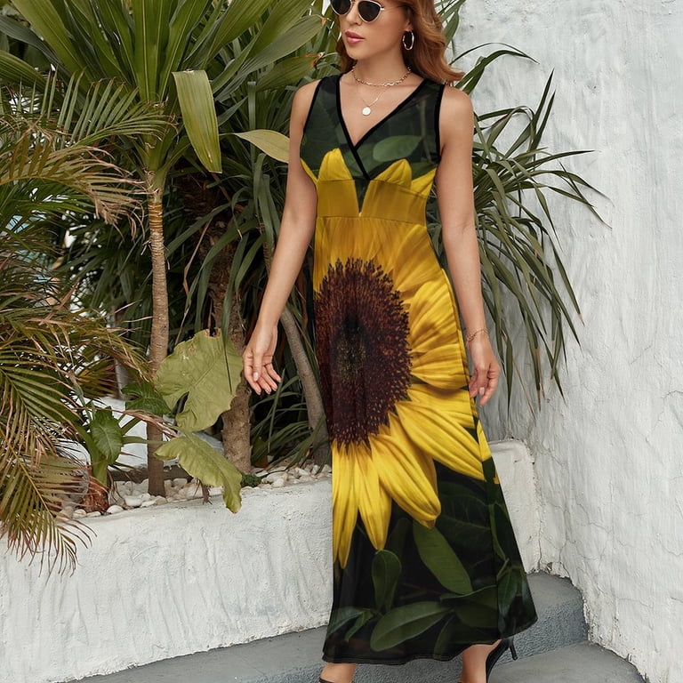 boho sunflower dress 9mh8ghjg Maxi Yellow Print Dress Green Leaves Sexy V Neck Custom Beach Long Dresses Korean Fashion Big Size Vestido, Women's FORMAL30 Girls and everyday elegance Collection:Mantra Medallion - Black Hailey Bieber in Vintage