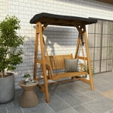 DecMode Teak Wood Indoor Outdoor Bench Swing with Black Awning, Brown ...