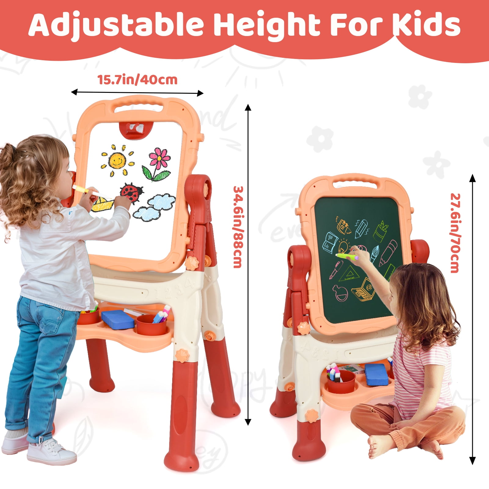 Kids Easel for Toddlers Age 3+, Art Magnetic White Board & Chalkboard Double Side Adjustable Stand, Drawing Writing Learning Educational Toy for 3 4 5 Year Boys Girl Birthday Gifts, Pink