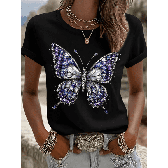 Short-sleeved T-shirt with butterfly print; regular fit, crew neck; stylish women's piece for spring and summer; casual outdoor top.