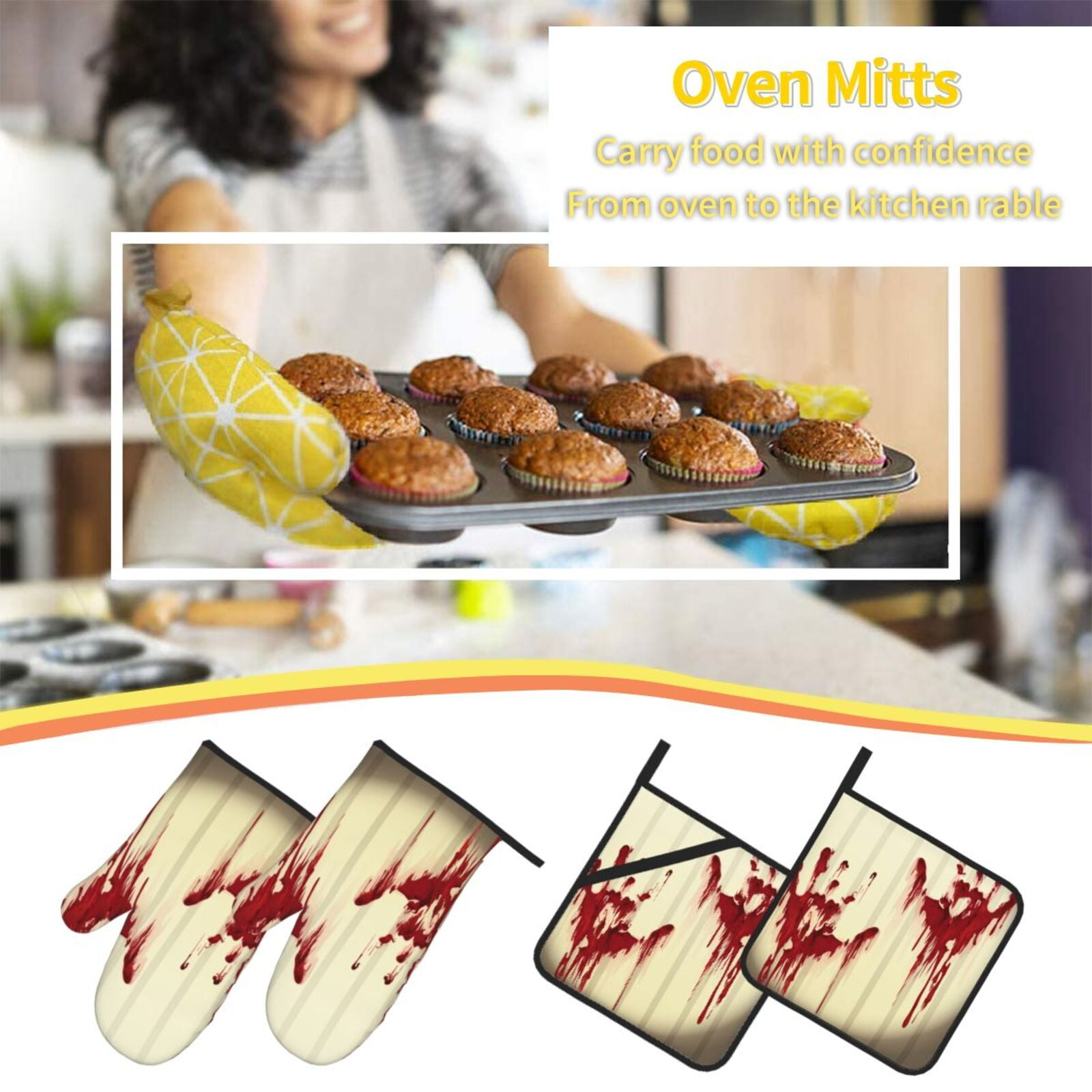 Splatter Bloody Hand Prints 4Pcs Oven Mitts and Pot Holders Sets Oven Kitchen Gloves Hot Pads for Cooking BBQ Baking Grilling