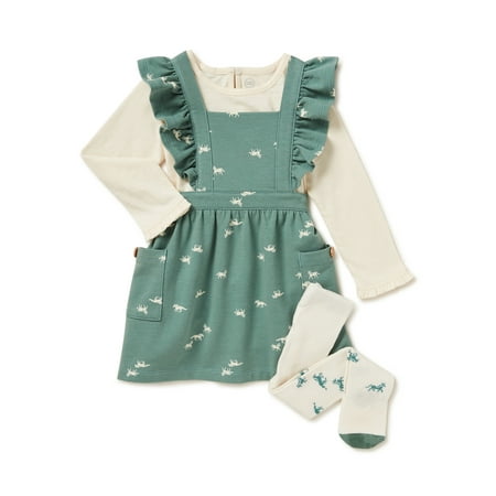 Wonder Nation Baby Girl Pinafore Dress, Long Sleeve Top and Tights Set, 3-Piece, Sizes 0/3M-24M