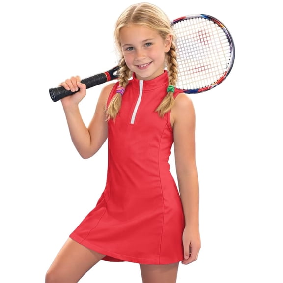 Uourmeti Red Kids Girls Tennis Golf Dress Outfit Sleeveless Dress with Pockets Athletic V Neck Zipper Tank Top School Sport Dresses