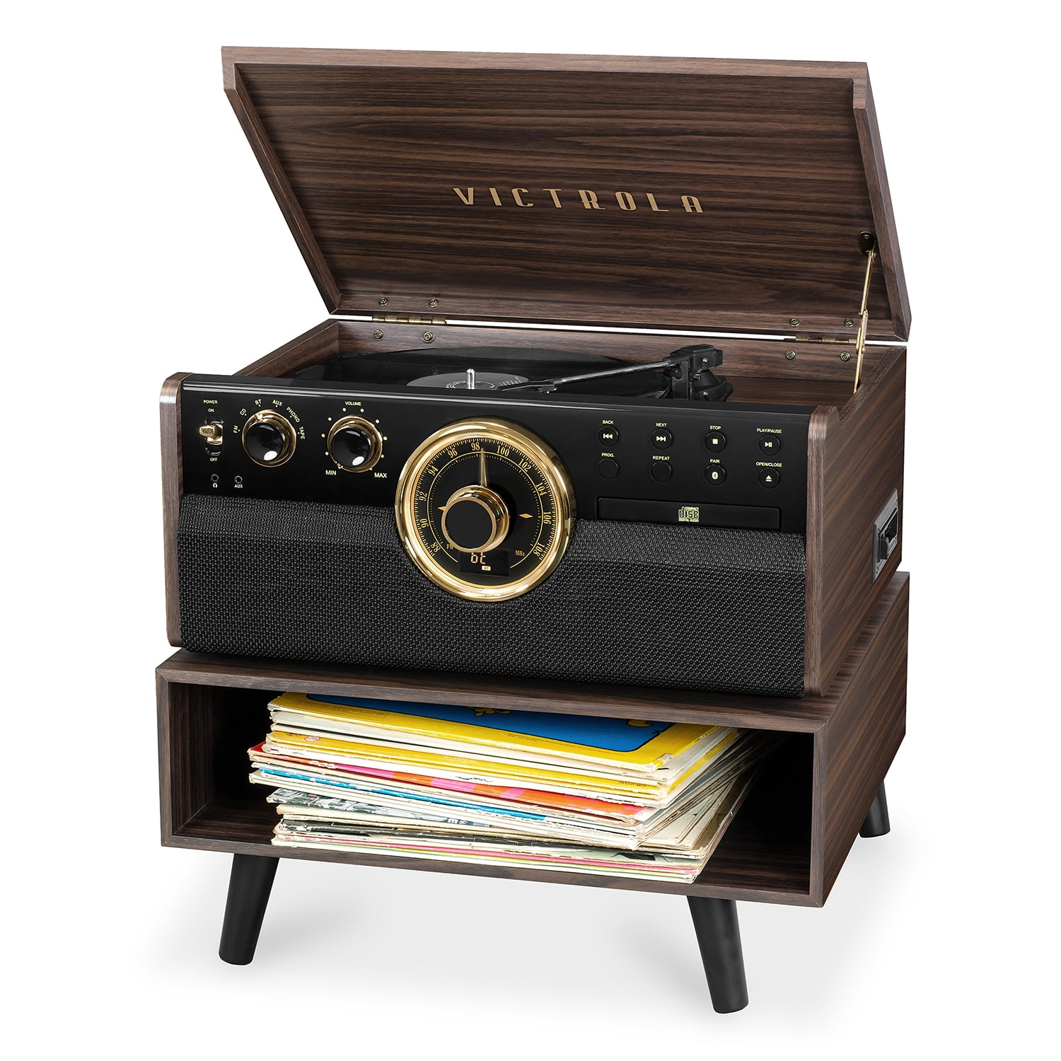 Victrola 6-in-1 Wood Bluetooth Mid Century Record Player 3-Speed Turntable  with Stand
