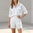 thumbnail image 2 of DHFJKG Linen 2 Piece Summer Outfits Women Shorts Set Long Sleeve Button Up Shirts And Shorts Solid Color Loose Fit Matching Sets Versatile Outfit, 2 of 4