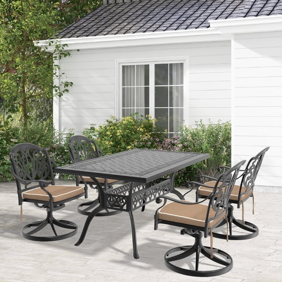 5-Piece All-Weather Cast Aluminum Dining Set, 4 Swivel Chairs & Rectangular Table, Black Frame, 350lbs Seat Capacity, Cushions Included, Outdoor Patio Furniture