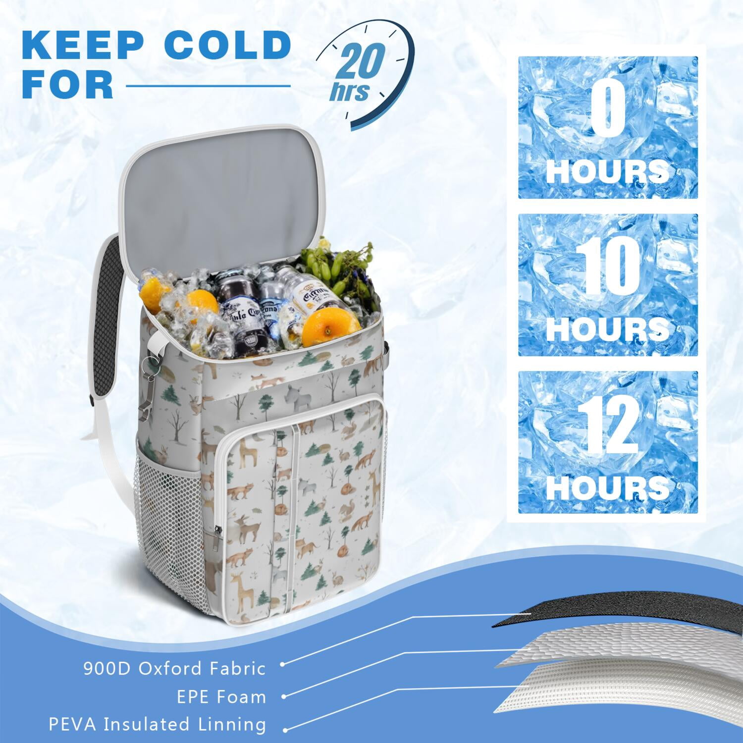 Travel Cooler Bag - White Christmas Forest Animal Pattern Camping Beer Cooler Backpack with Bottle Opener- Waterproof Insulated Picnic Backpacks - Cooler Bag for Beach
