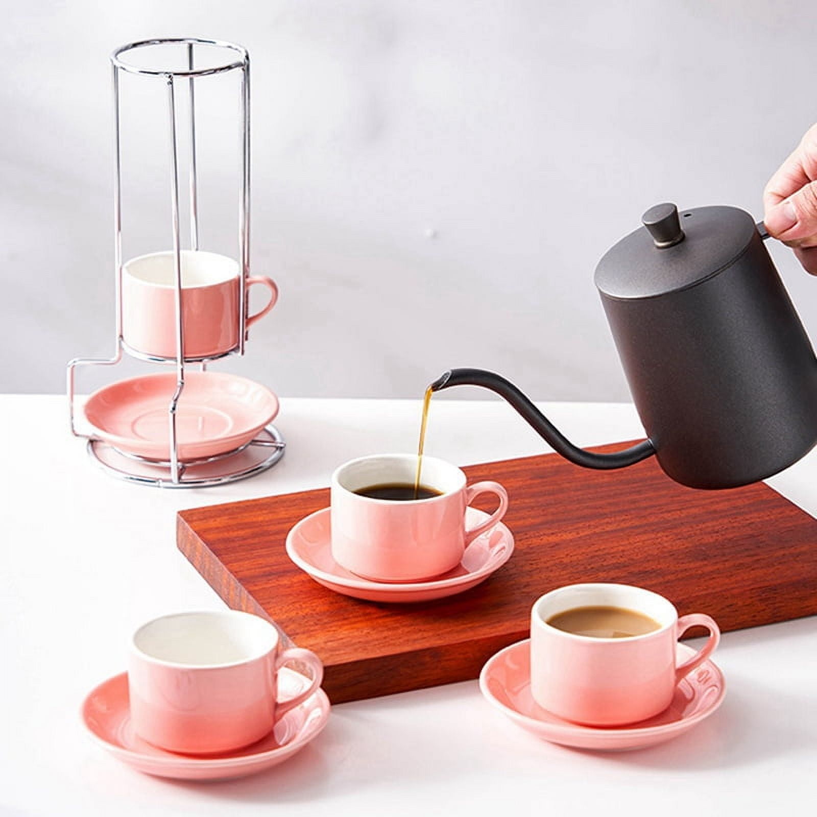 Porcelain Stackable Cappuccino Cups with Saucers and Metal Stand, Espresso Cups for Latte Coffee Cafe,Specialty Coffee E