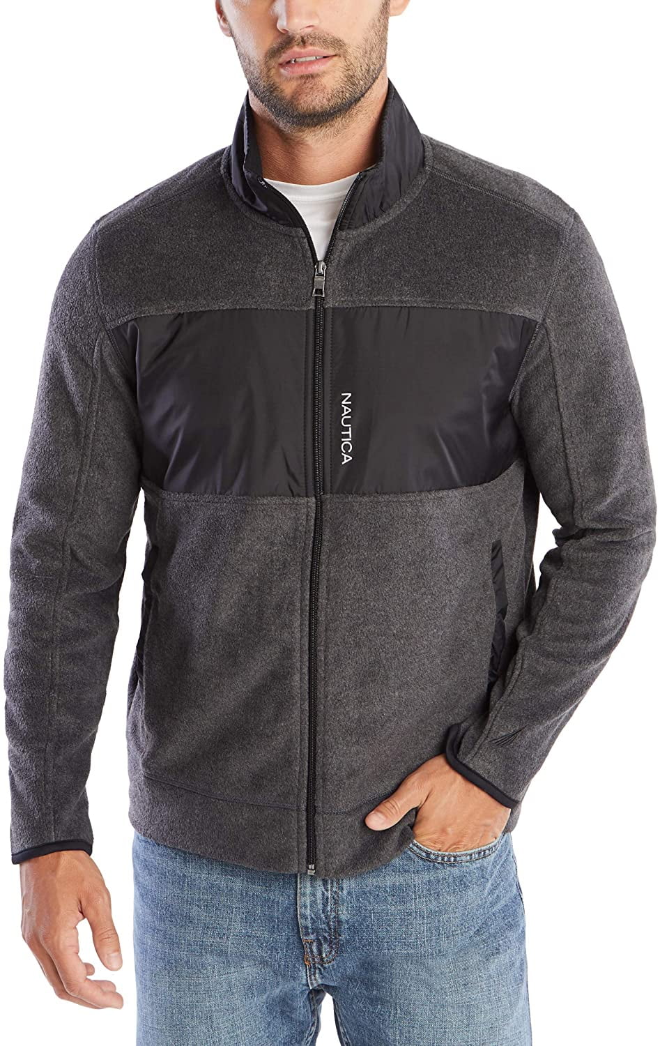 Nautica Men's Full-Zip Mock Neck Fleece Sweatshirt, Charcoal Heather ...